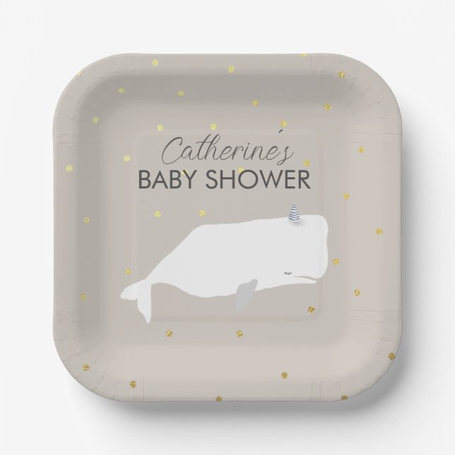 Beige Neutral White Whale Baby Shower  Paper Plates (Front)