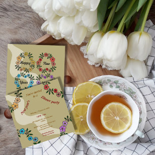 Beige New Year's dinner party with floral wreath Invitation