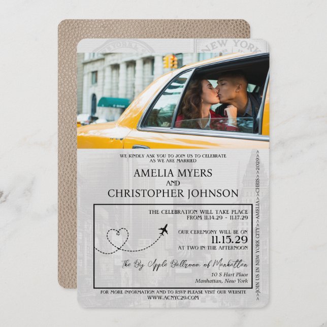Beige New York City Passport Wedding Invitation (Front/Back)