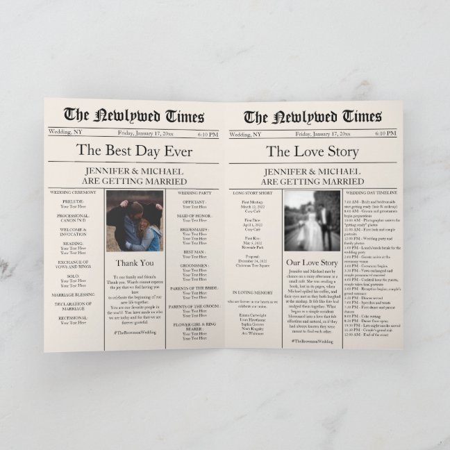 Beige Newspaper Wedding Timeline Program Story