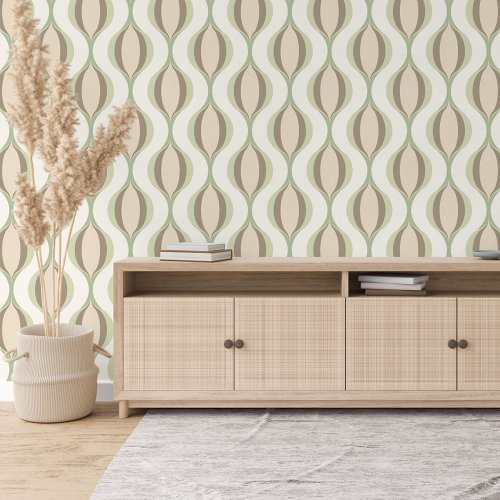 Beige Olive Sage Green Ivory Ogee Wave Pattern Wallpaper