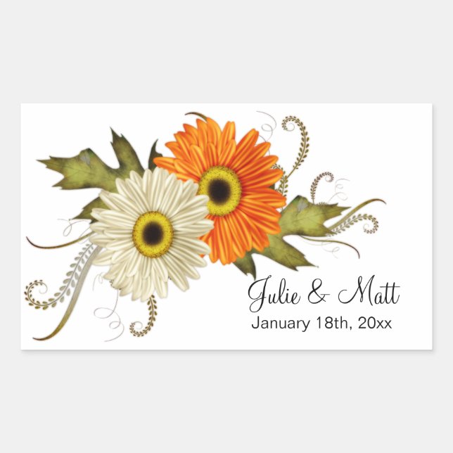 Beige & Orange Autumn Flowers Wedding Rectangular Sticker (Front)