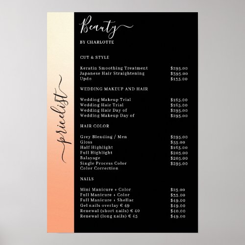 Beige Orange  Black Pricelist Salon Poster