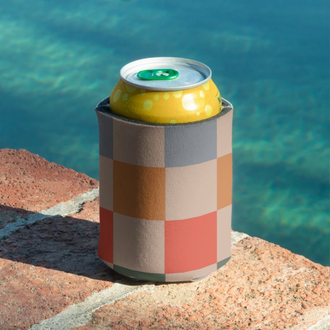 Beige Orange Blue Checkerboard Retro Modern Checks Can Cooler (In Situ Pool)