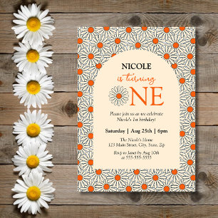 Beige Orange Daisies Floral Arch 1st Birthday Invitation