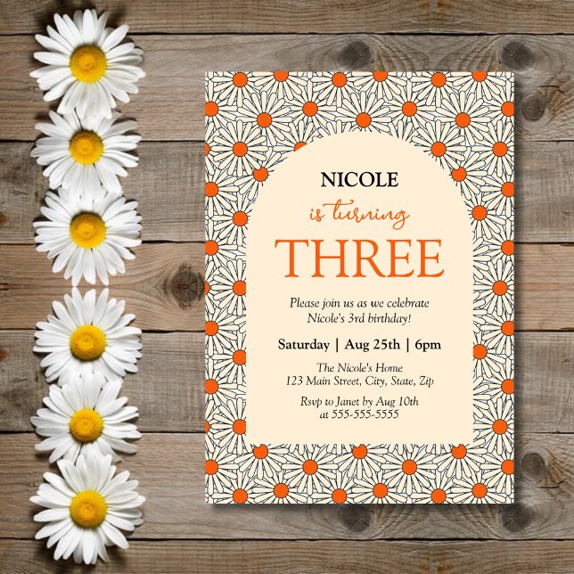 Beige Orange Daisies Floral Arch 3rd Birthday Invitation (Creator Uploaded)