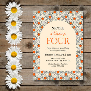 Beige Orange Daisies Floral Arch 4th Birthday Invitation