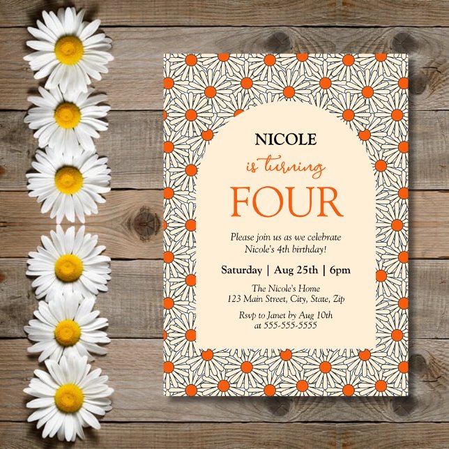 Beige Orange Daisies Floral Arch 4th Birthday Invitation (Creator Uploaded)