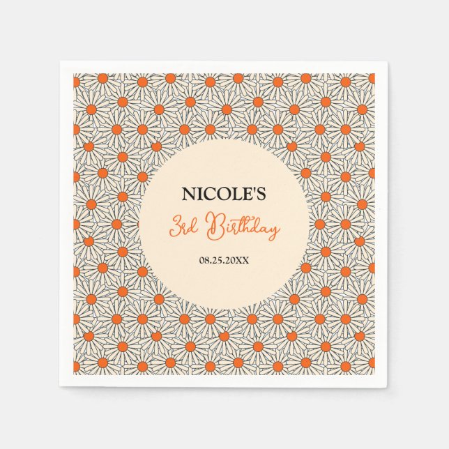 Beige Orange Daisies Floral Arch Birthday Napkins (Front)