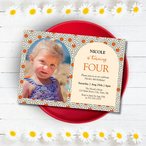 Beige Orange Daisies Floral Photo 4th Birthday Invitation