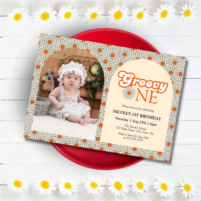 Beige Orange Daisy Groovy Photo 1st Birthday Invitation (Creator Uploaded)