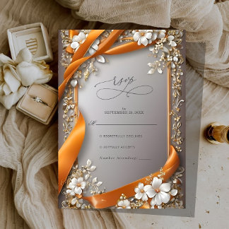 Beige Orange Ribbons Ornate floral Wedding RSVP Card