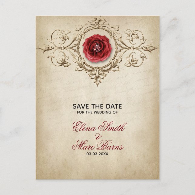 Beige Ornament And Red Rose Announcement Postcard (Front)