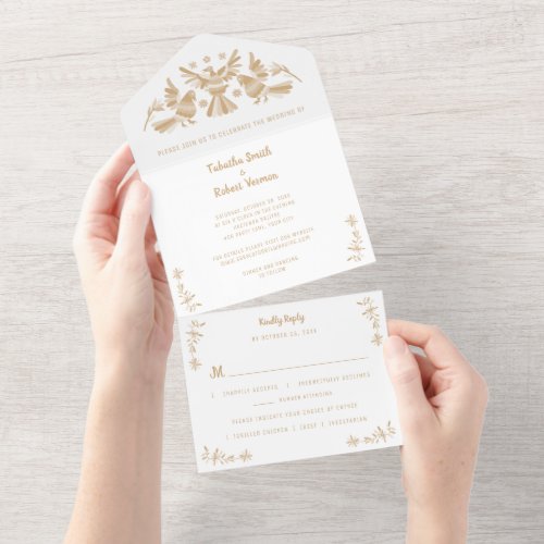 Beige Otomi Mexican All in One Wedding Invite