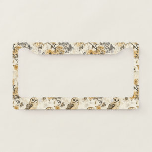 Beige Owl Cottagecore Floral Pattern License Plate Frame