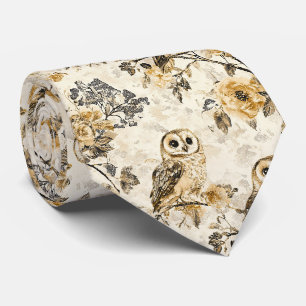 Beige Owl Cottagecore Floral Pattern Neck Tie