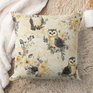 Beige Owl Cottagecore Floral Pattern Throw Pillow