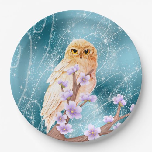 Beige Owl on Purple Floral Branch Magical Sparkle  Paper Plates