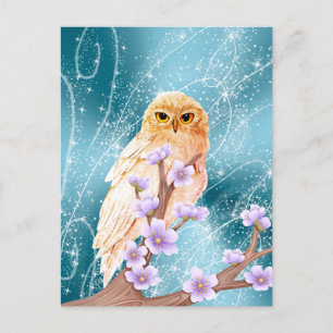 Beige Owl on Purple Floral Branch Magical Sparkle Postcard