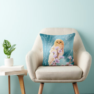 Beige Owl on Purple Floral Branch Magical Sparkle Throw Pillow