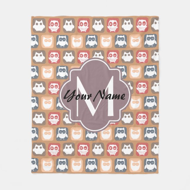 Beige Owls Personalized Monogram and Name Fleece Blanket (Front)
