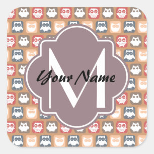 Beige Owls Personalized Monogram and Name Square Sticker