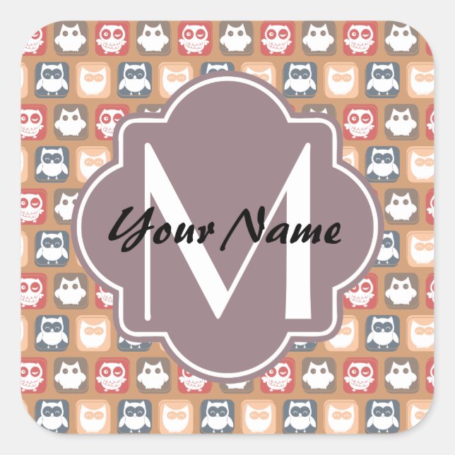 Beige Owls Personalized Monogram and Name Square Sticker (Front)