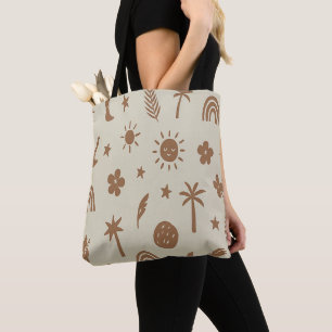 Beige Palm and Moon Boho Tote Bag