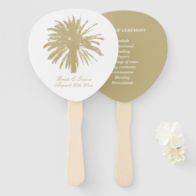 Beige palm tree beach wedding ceremony program hand fan (Front and Back)