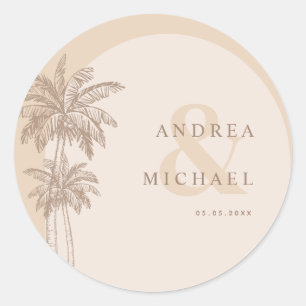 Beige Palm Trees & Ampersand Names Wedding Classic Round Sticker