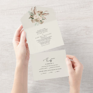 Beige Pampas Bouquet Floral Wedding All In One Inv All In One Invitation