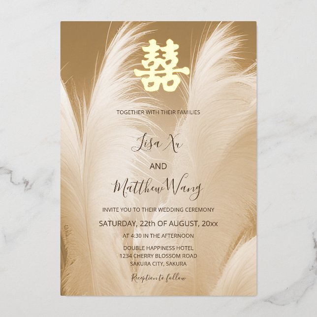 Beige Pampas Grass Chinese Wedding  Foil Invitation (Front)