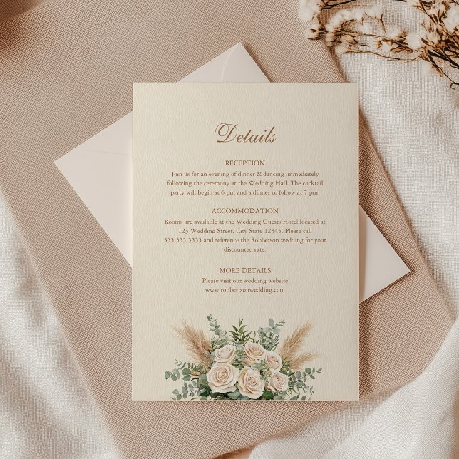 Beige Pampas Grass Wedding Details Card (Boho Pampas Grass & White Rose Wedding Detail Card with an envelope on an elegant table)