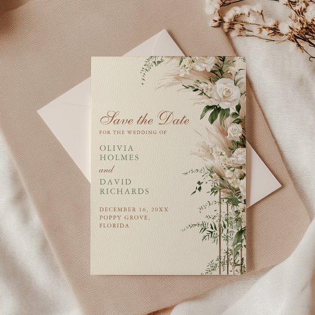 Beige Pampas Grass Wedding Save the Date Card (Boho Pampas Grass & White Rose Wedding Save The Date with an envelope on an elegant table)