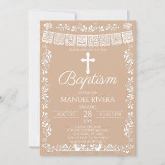 Beige Papel Picado Baptism Invitation