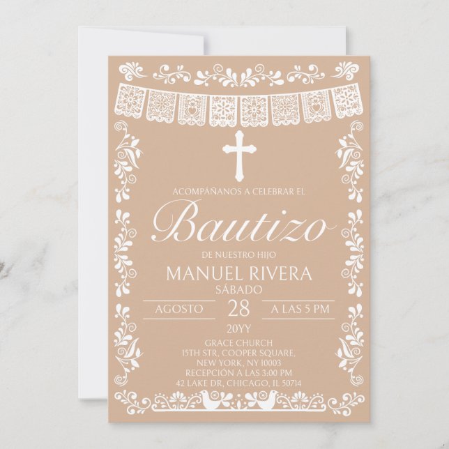 Beige Papel Picado Spanish Bautizo Invitation (Front)