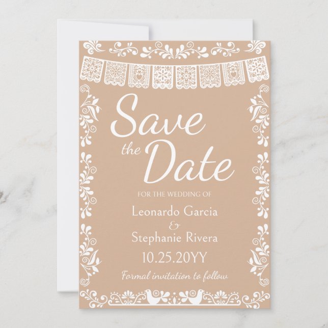 Beige Papel Picado Wedding Save the Date Invitation (Front)