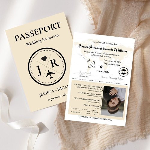 Beige passport  Monogram Wedding invitation