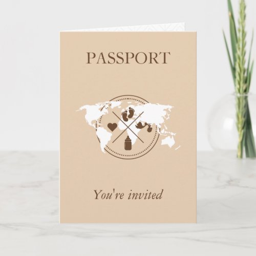 Beige Passport Travel Girl Baby Shower World Map Invitation