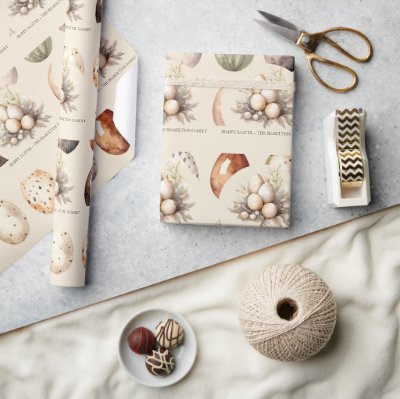 Beige Pastel Easter Eggs Family Name Wrapping Paper