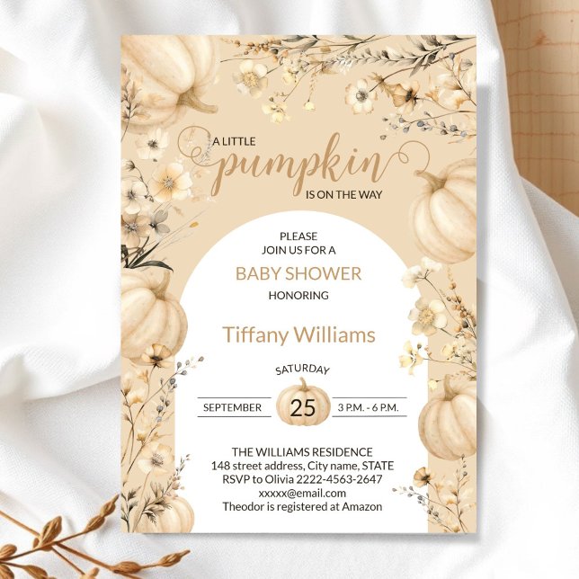 Beige Pastel Watercolor Pumpkin fall wild flowers Invitation (Rustic Pumpkin Baby Shower Invitation | Neutral Fall Floral Autumn Theme)