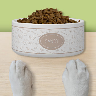 Beige Pattern Of Cute Dog Things With Custom Name Bowl