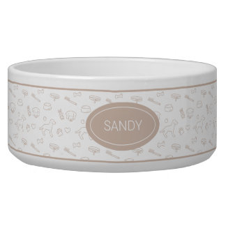Beige Pattern Of Cute Dog Things With Custom Name Bowl
