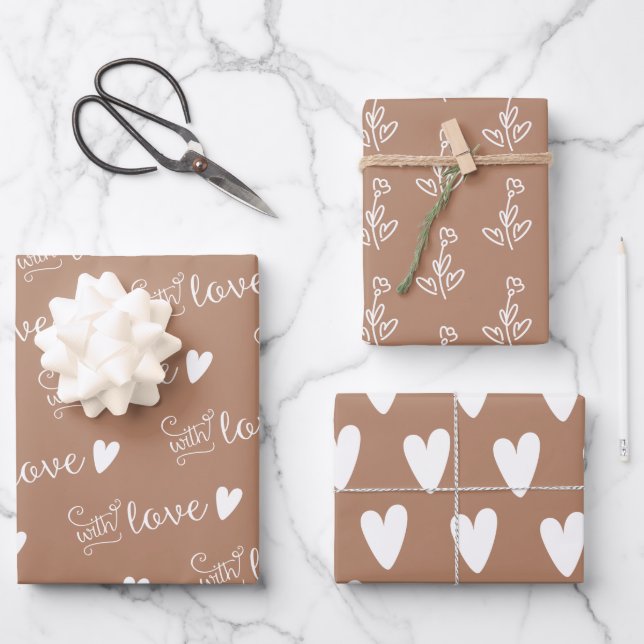 Beige Patterned With Love Wrapping Paper Sheets (Front)