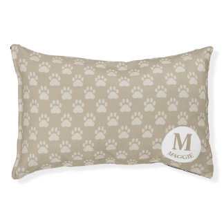 Beige Paw Prints Pattern With Monogram & Name Pet Bed