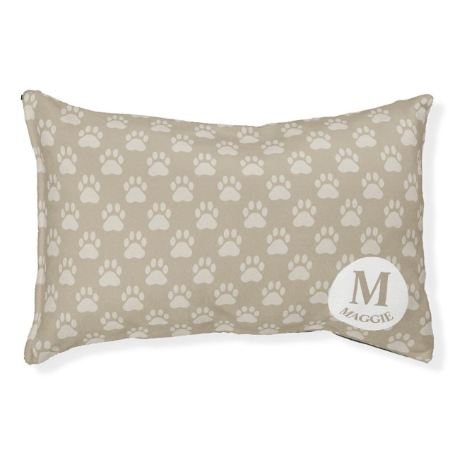 Beige Paw Prints Pattern With Monogram & Name Pet Bed (Front)