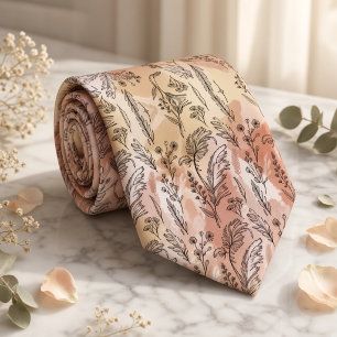 Beige Peach Botanical Sketch Neck Tie