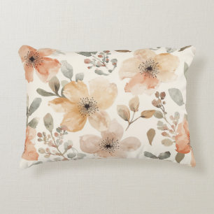 Beige Peach Floral Watercolor Botanical Pattern Accent Pillow