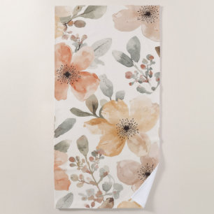 Beige Peach Floral Watercolor Botanical Pattern Beach Towel