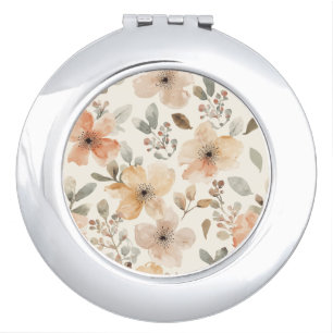 Beige Peach Floral Watercolor Botanical Pattern Compact Mirror